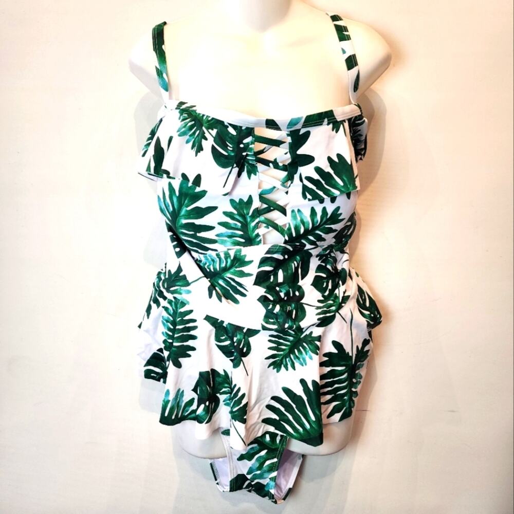 New Tropical Two Piece Swimsuit Tankini Tank Top Green White 042‎ Plus Size 3X